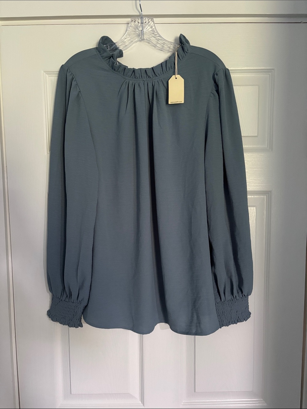 Long Sleeve Ruffle Neck Blouse in Slate Blue